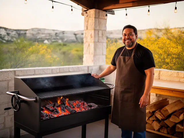 A smiling restaurant owner in a brown apron beside a new wood-fired grill with glowing mesquite coals.