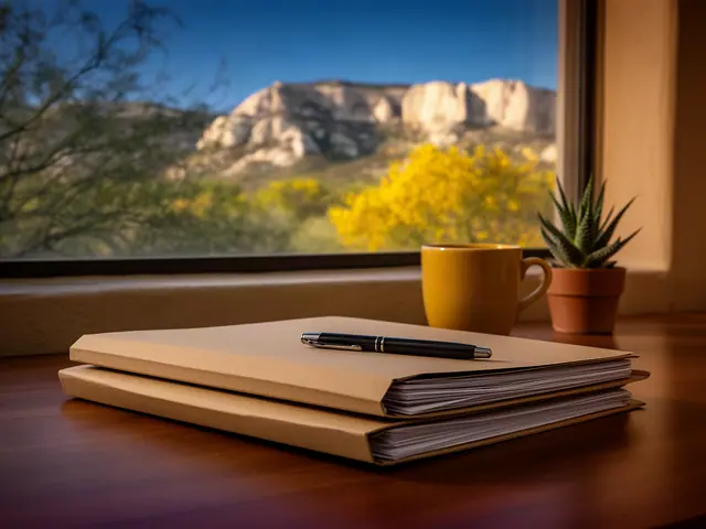 A neat stack of closed manila folders and a pen on a desk by a window.