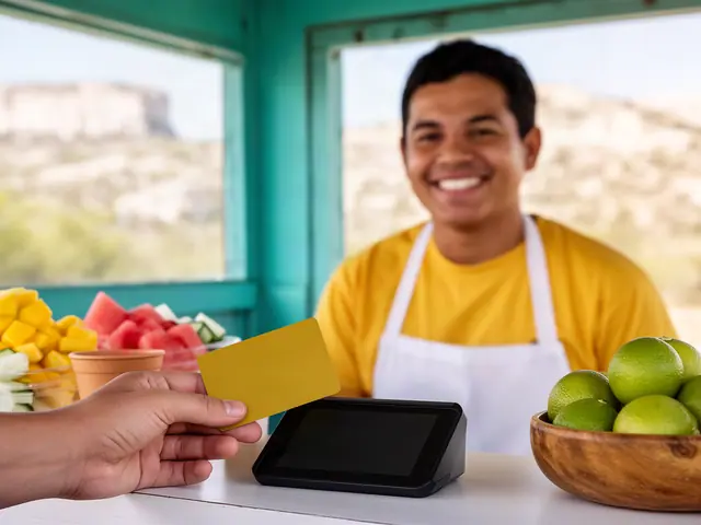 A customer taps a yellow card on a counter terminal at a fruit-cup stand with mango and watermelon.