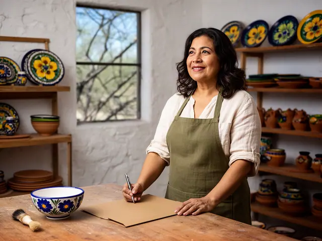 A smiling pottery-shop owner in a green apron at a worktable with a hand-painted bowl and a closed folder.